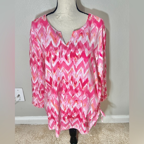 Alfred Dunner Long Sleeve Shirt Size Xl Pink White Printed Cotton V-Neck Casual - Picture 6 of 6